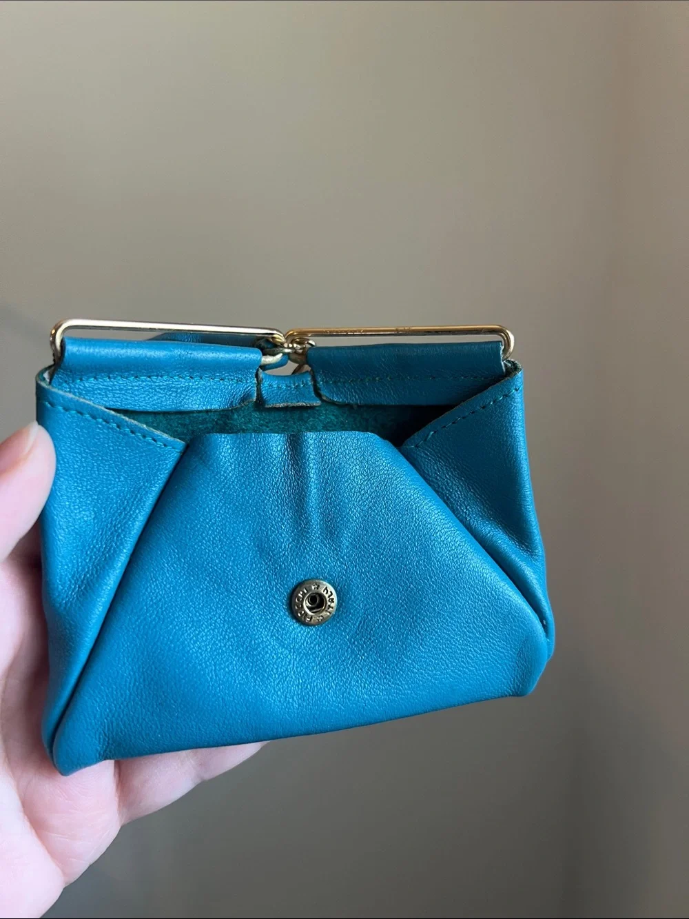 1970s Italian Handmade Leather Triangle Coin Purse Turquoise Roma Vintage EUC